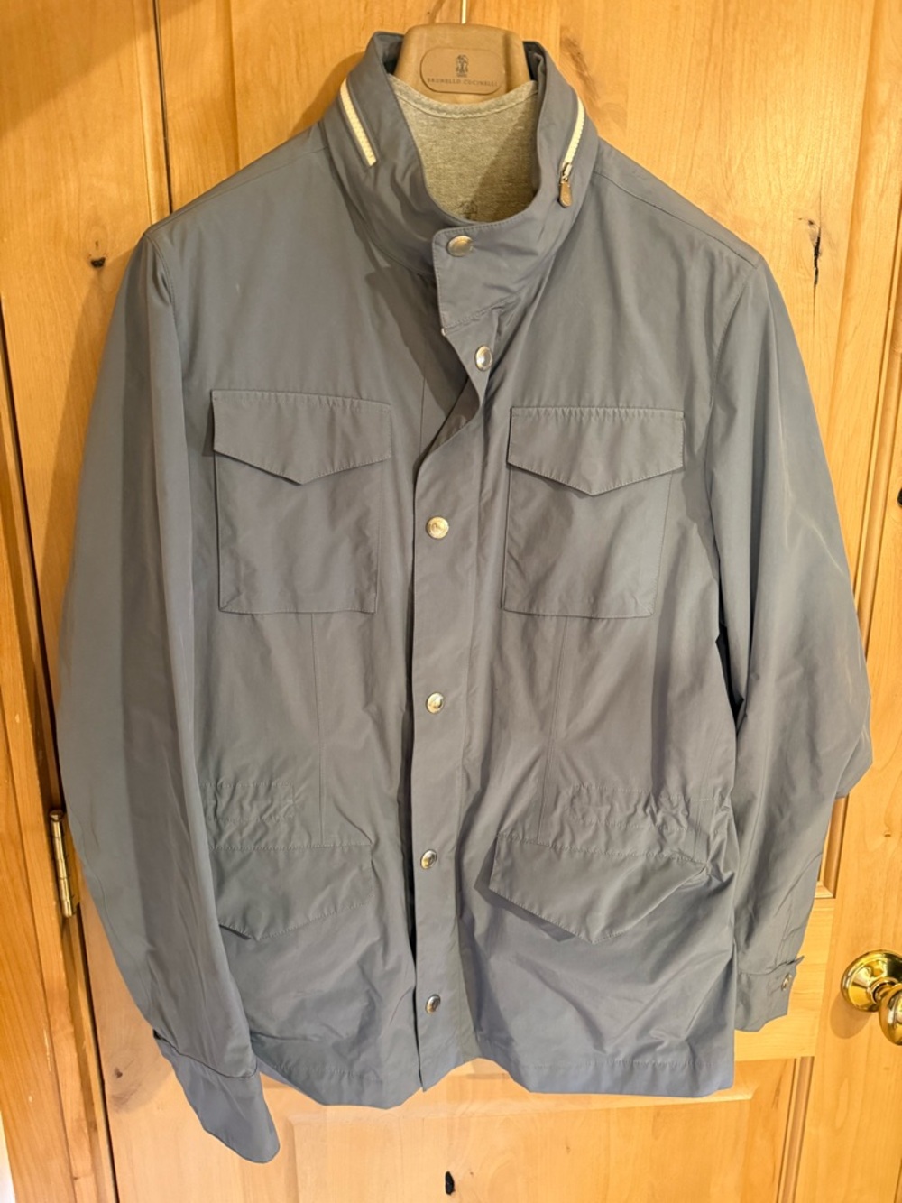 Brunello Cucinelli Slate Blue Military Field Jacket with Cream Trim
